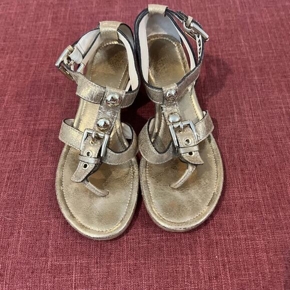 Coach Women’s Viktoria Size 7.5M Gold Leather Low Wedge T-Strap Sandals EUC - Picture 1 of 9
